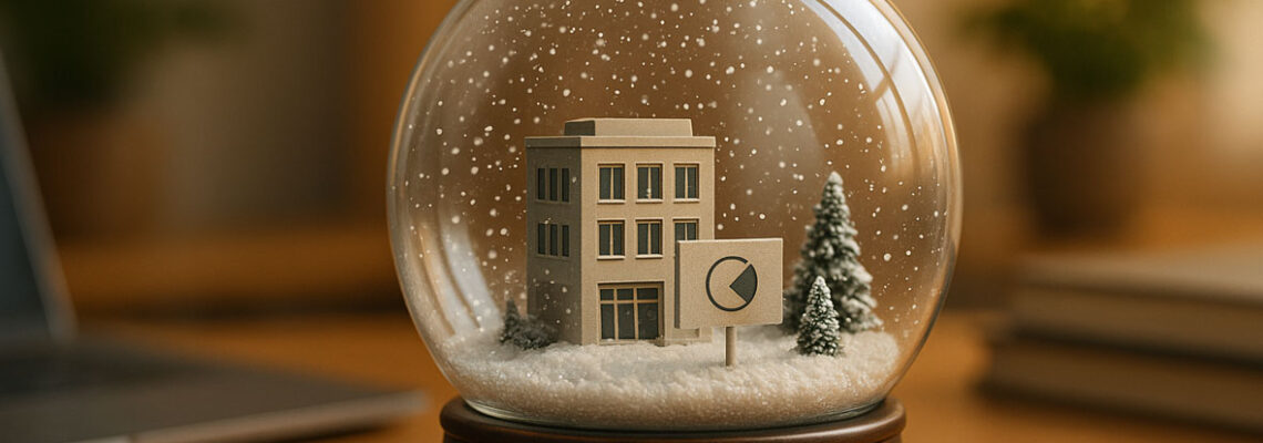 Boule à neige en verre contenant une scène miniature d’entreprise avec des flocons, posée sur un bureau moderne et chaleureux