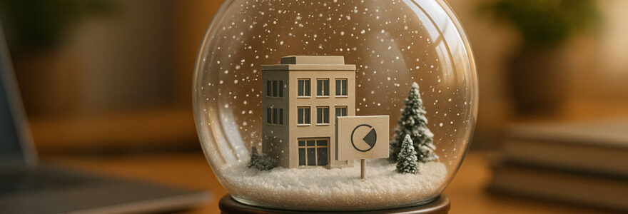 Boule à neige en verre contenant une scène miniature d’entreprise avec des flocons, posée sur un bureau moderne et chaleureux