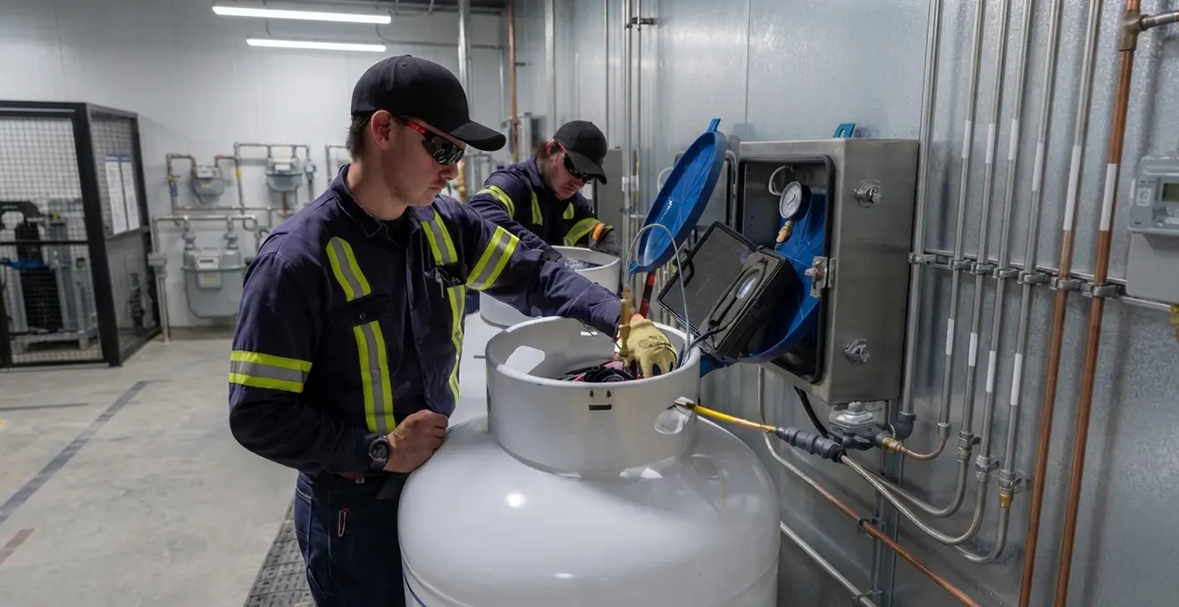 Technicien en uniforme effectuant le remplissage d'une citerne de gaz propane depuis un camion-citerne, tuyau de remplissage connecté