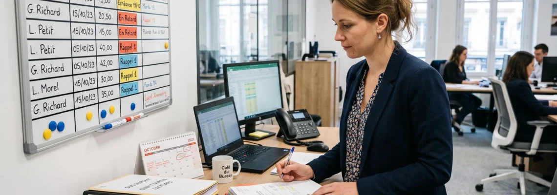 Gestionnaire de créances consultant des dossiers clients et un planning d'échéances dans un bureau professionnel