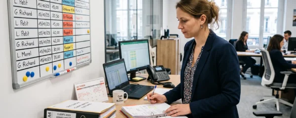 Gestionnaire de créances consultant des dossiers clients et un planning d'échéances dans un bureau professionnel