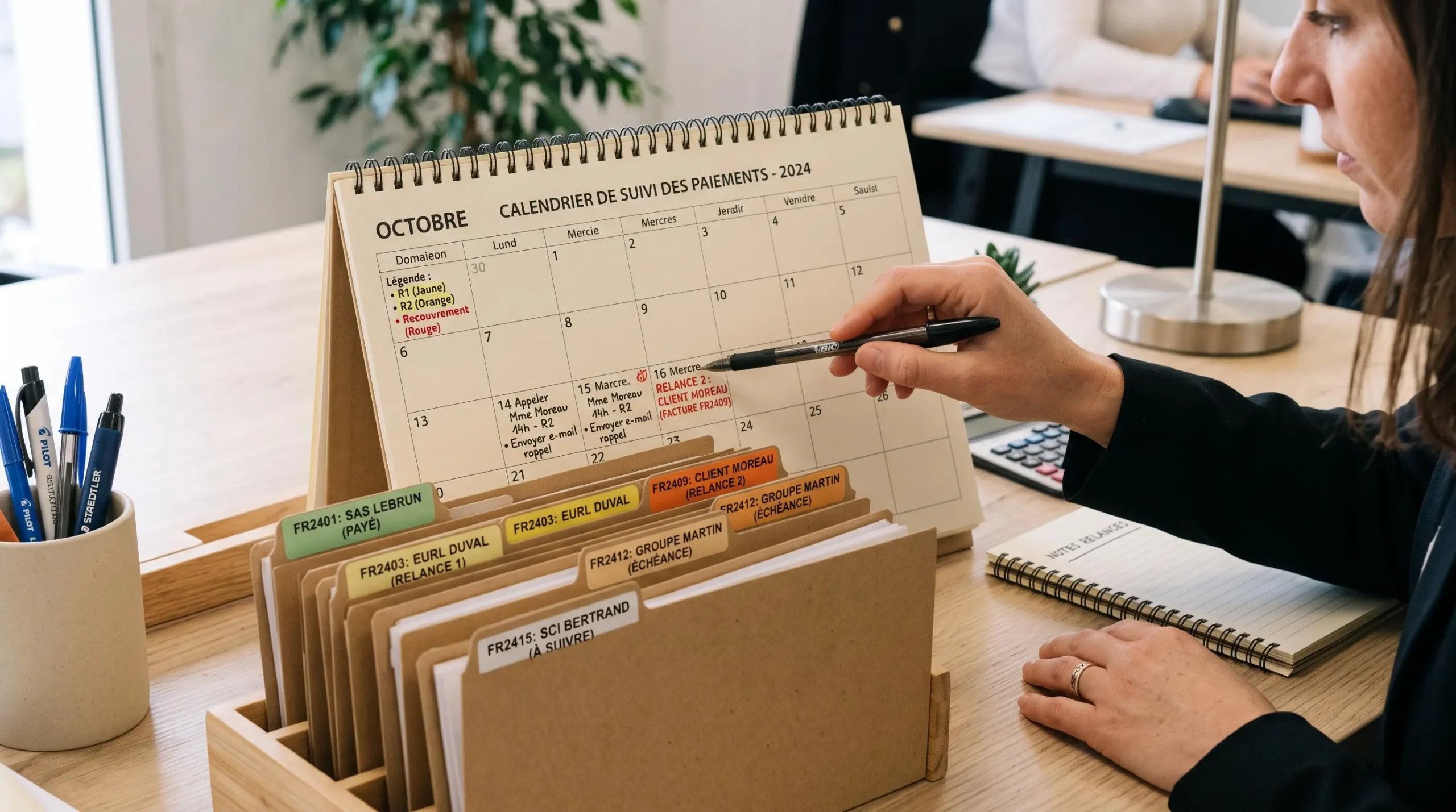 Planning de suivi des relances avec échéances marquées et dossiers clients organisés chronologiquement sur un bureau