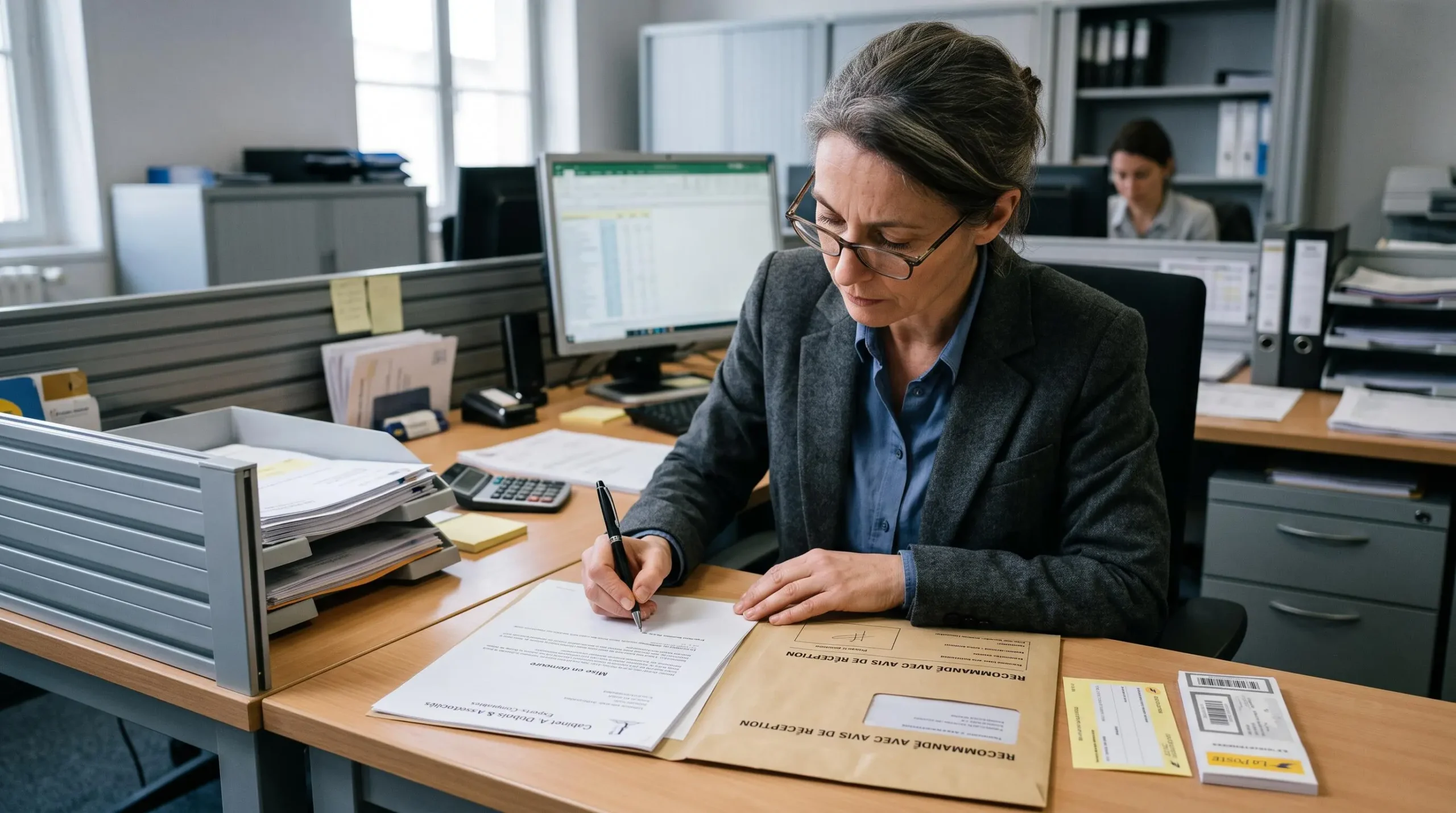 Professionnel préparant un courrier recommandé de mise en demeure dans un bureau administratif