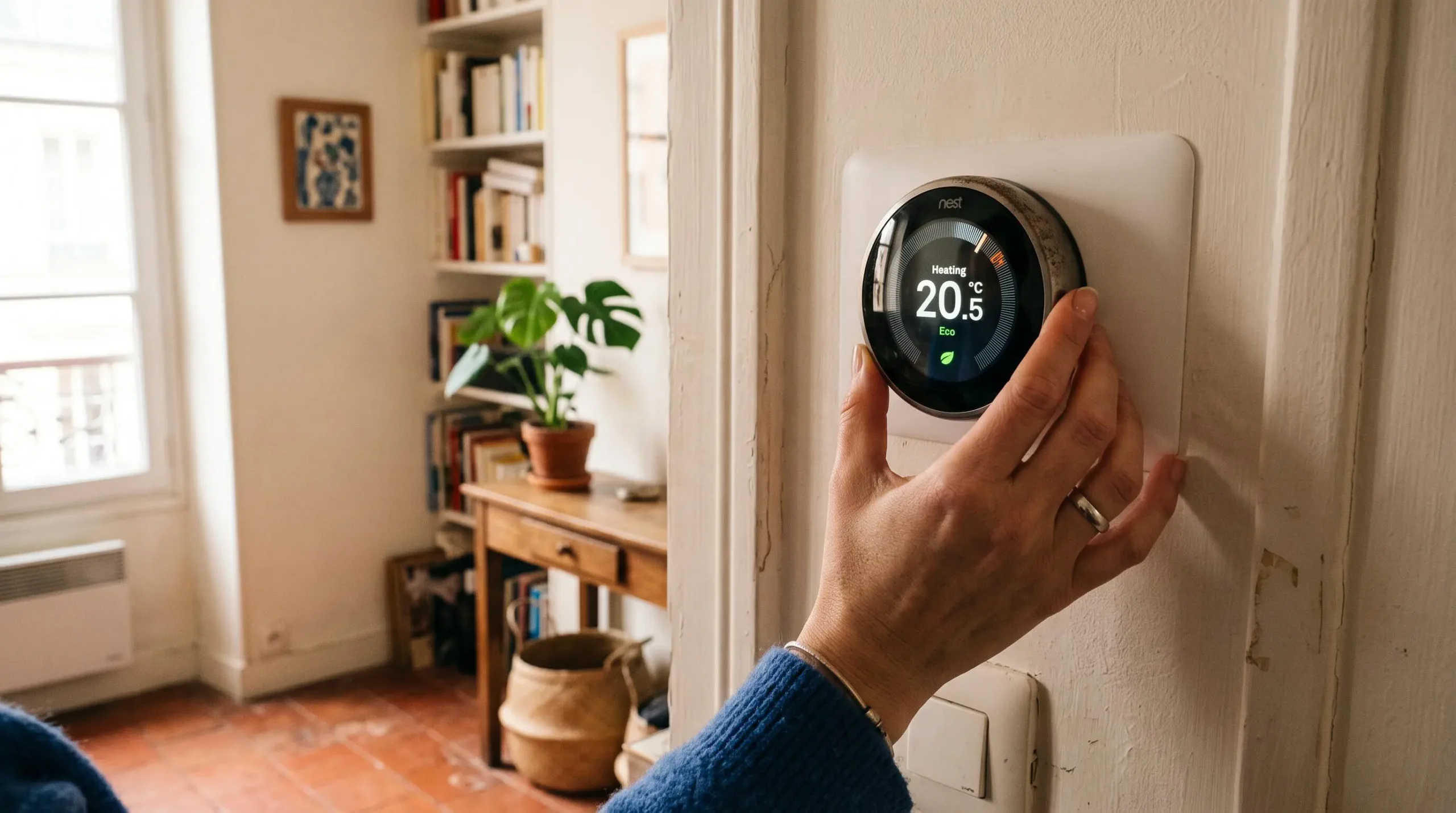 Main réglant les paramètres de température sur un thermostat programmable mural dans une maison